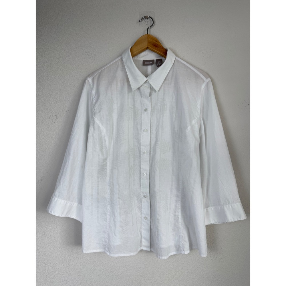 Chico's 100% Cotton Shirt 3 White Tonal Tropical Leaf 3/4 Sleeve XL Old Money